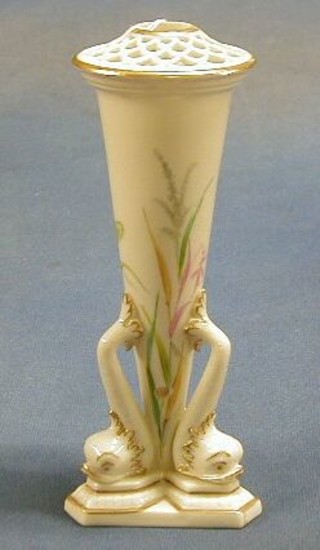 A Grainger & Co Worcester specimen vase supported by 3 dolphins raised on a triangular base (drilled hole for lamp) 8"