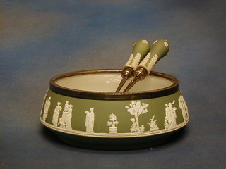 A circular Wedgwood blue Jasperware salad bowl with silver plated mounts and a pair of matching servers