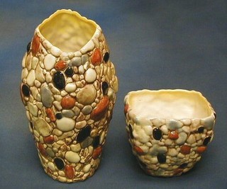 A Sylvac pottery pebble dash finished vase, the base marked 3368 Sylvac England, cracked 11" and a square vase 5"