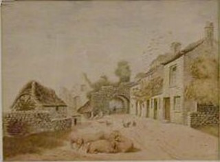 An 18th Century Continental watercolour drawing "Country Scene with Buildings and Sheep" marked ATS Hanhas 9" x 12"