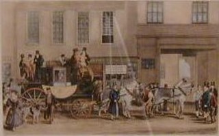An 18th/19th Century coloured coaching print "The Mail Coach, Changing Horses" engraved by G Reeves, painted by James Pollard 11" x 16"
