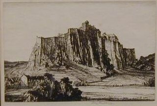 Henry  Rushbury, a dry point etching "Scottish Country House on a Rocky Outcrop" 8" x 12" signed in the margin, the reverse bearing Sir Valentine Crittal's card