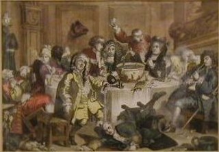 An 18th/19th Century coloured print "Feasting Scene" 8" x 11"