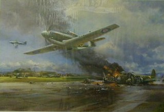 Wooton, a limited edition coloured print "Look No Hands" signed by Wooton and Wing Commander Jeffery Page 13" x 20" (unframed)