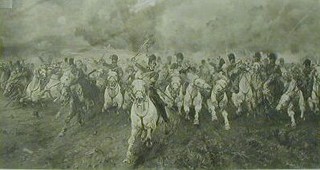 Lady Butler, a monochrome print "Scotland Forever - The Charge of the Scotts Grays at Waterloo" 13" x 26"