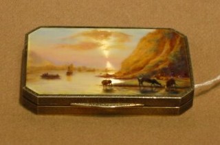 A 19th/20th Century French silver gilt and enamelled patch box, the lid enamelled an 18th Century estuary scene with cattle, ships and figures, marked 925 3 1/2"