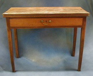 A  Georgian mahogany tea table fitted a frieze drawer with brass swan neck handle, raised on square tapering supports 36"
