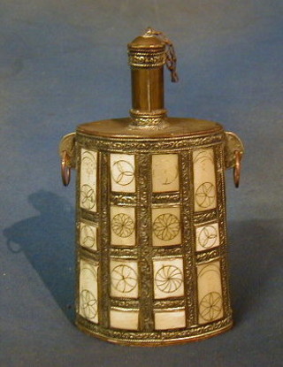 A 19th Century Indo Persian copper flask with silver and bone decoration 9"