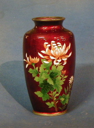 A red ground cloisonne vase decorated chrysanthemums  8"