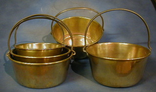 5 graduated brass preserving pans with iron handles