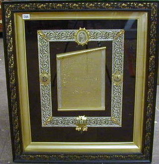 A large gilt metal and enamelled presentation plaque - South West London Licensed Victuallers Trade Protection Association Certificate to Charles Blundell Esq, Presented for the Year 1901, contained in a pierced silvered frame with enamelled City of London Crest, photograph and armorial crests