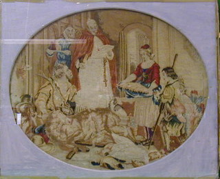 A 19th Century oval Berlin wool work panel depicting family with game and monk 22"