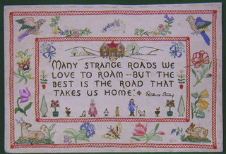 A 19th/20th Century stitch work sampler by Patricia Strang with house and motto 12" x 17" (unframed)