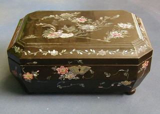 A 19th/20th  Century octagonal lacquered Oriental trinket box with fitted interior, inlaid mother of pearl 14"