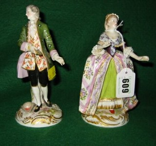 A pair of 19th Century Continental porcelain figures Gallant & Belle, the base with crossed arrows mark, 7" (f)
