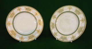 A pair of 19th Century Royal Worcester circular porcelain plates with green and gilt banding 8", the bases incised C3