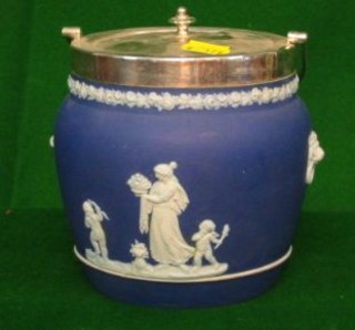 A Wedgwood blue jasperware biscuit barrel, impressed Wedgwood Made in England, with plated mounts