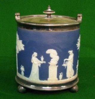 A 19th/20th Century Wedgwood blue Jasperware biscuit barrel with silver plated mounts, the base marked Wedgwood England and impressed A