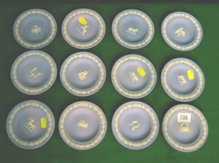 A set of 12 Wedgwood blue Jasperware dishes decorated signs of the Zodiac  5"