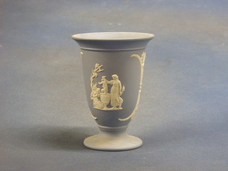 A  Wedgwood blue Jasperware trumpet shaped vase, marked 68 5" and do. rose bowl and spreader, marked 85 5"