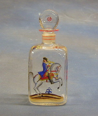 An 18th/19th Century square enamelled glass decanter decorated an equestrian military figure, 8"