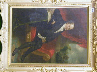 A Victorian oil painting on canvas portrait of a "Seated Nobleman with Document" 21" x 15"
