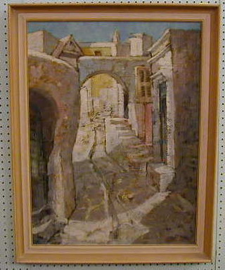 Gordon Bennett, oil painting on board "Mediterranean Arched Street" 23" x 17"