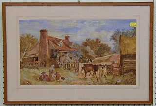 E L Bosanquet, 19th Century watercolour drawing "Cattle by a Country Cottage with Figures" 9" x 17"