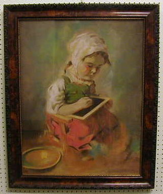A 19th Century gouache portrait "Dutch Girl with Slate" indistinctly signed 24" x 18"