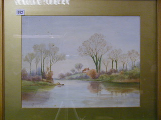 A watercolour drawing "Country Scene with River House and Figure in a Boat" monogrammed EFP, 13" x 18"