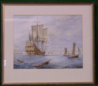 Terry Rogers, watercolour drawing "An English 70 Gun Ship Taking on Stores" 12" x 15" signed and dated 1998