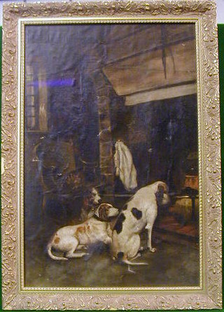 An oil painting on canvas interior study "Three Seated Hounds by an Inglenook Fireplace"