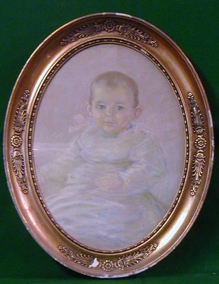A watercolour portrait of a seated baby 18" oval
