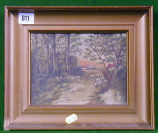 A  19th Century oil painting on canvas "Sheep in a Country Lane" 6" x 8"