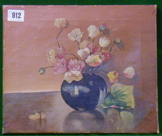 Oil  painting on canvas still life "Vase of Flowers" monogrammed SCC?, 10" x 12"