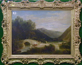 An 18th Century oil painting on canvas "Highland Scene with River and Cattle" 17" x 23"