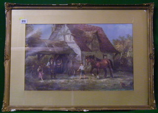 A 19th Century oil painting on canvas "The Blacksmiths Workshop" 12" x 20"