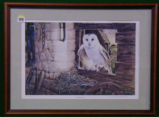 Michael Kitchen Hurle, limited edition coloured print "Barn Owl" 12" x 18"