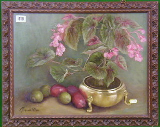 Maquiste Dogte, oil painting on board, still life study "Pot Plant and Plums" 13" x 18" contained in a carved wooden frame