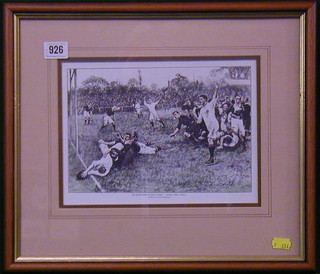 E Prater, a coloured print, "An Exciting Rugy Game Over the Line" 7" x 10"