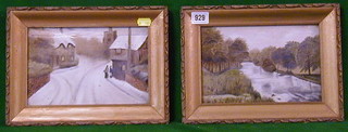 F Hall, a pair of 19th Century oil paintings "Stream with Trees and Snowy Village Street Scene" 6" x 9"