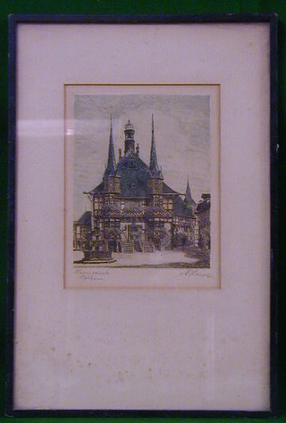 A coloured etching "Continental Building" 8" x 6"