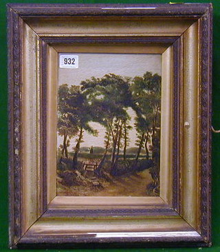 Naive 19th Century oil painting on board "Lane with Figure and Windmill in the Distance" monogrammed F.S.L and dated 1868 10" x 7"