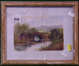 T  Norris, oil painting on porcelain plaque "Moorland Scene with Bridge" 5" x 7"