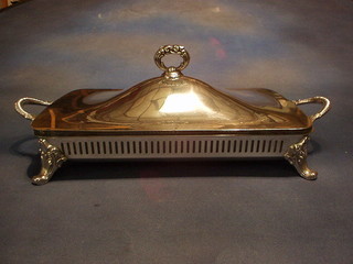 A  rectangular pierced silver plated twin handled entree dish with Pyrex glass liner