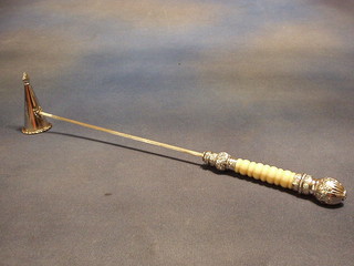 A silver plated and ivory mounted candle snuffer