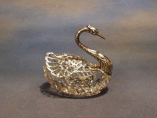 A German cut glass and silver salt in the form of a swan