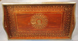 An Indian twin handled inlaid brass tea tray 24"