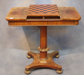 A William IV rectangular rosewood games table, the upper section with sliding top incorporating a backgammon and chessboard, raised on a chamfered column with triform base 31"