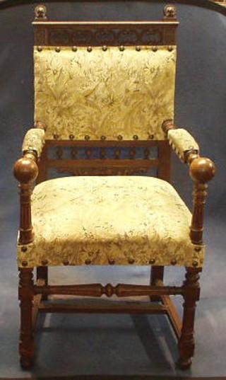 A set of 6 Continental carved oak dining chairs with upholstered seats and back (2 carvers, 4 standard)